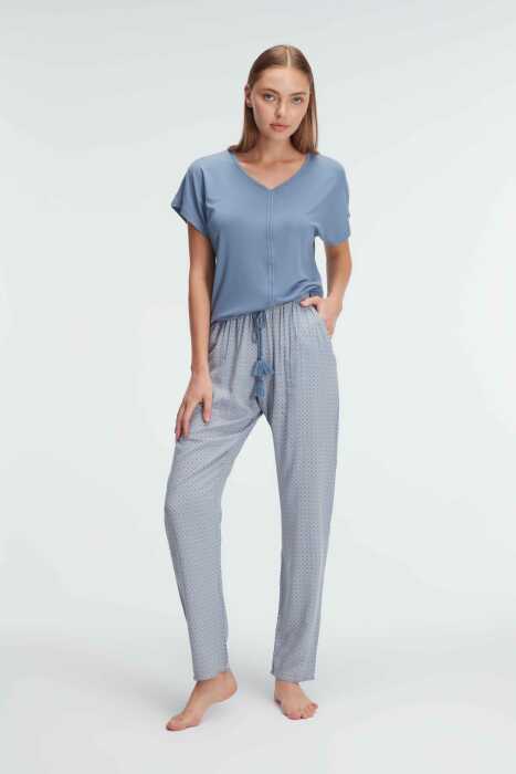 Anıl 9923 Kısa Kol V Yaka Kadın Viskon Geometrik Yazlık Örme Normal Bel Şerit Detaylı Pijama Takımı - 2