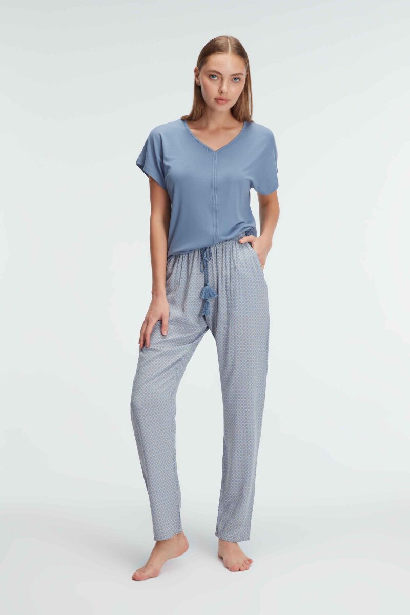 Anıl 9923 Kısa Kol V Yaka Kadın Viskon Geometrik Yazlık Örme Normal Bel Şerit Detaylı Pijama Takımı - 2
