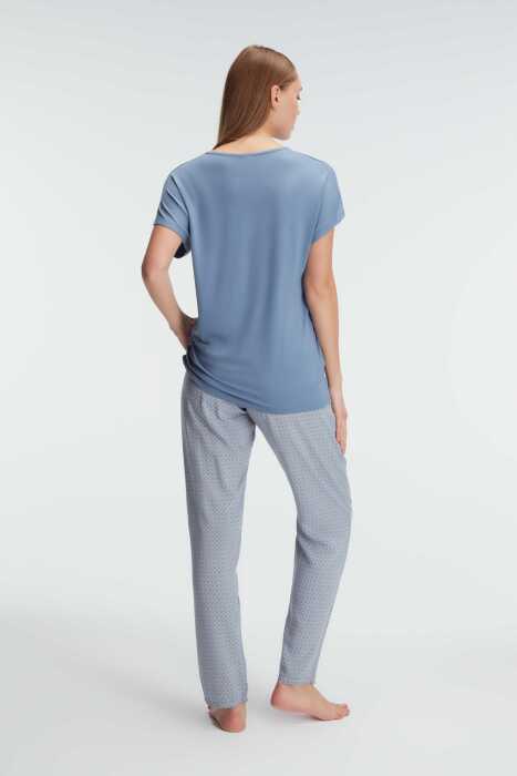 Anıl 9923 Kısa Kol V Yaka Kadın Viskon Geometrik Yazlık Örme Normal Bel Şerit Detaylı Pijama Takımı - 3