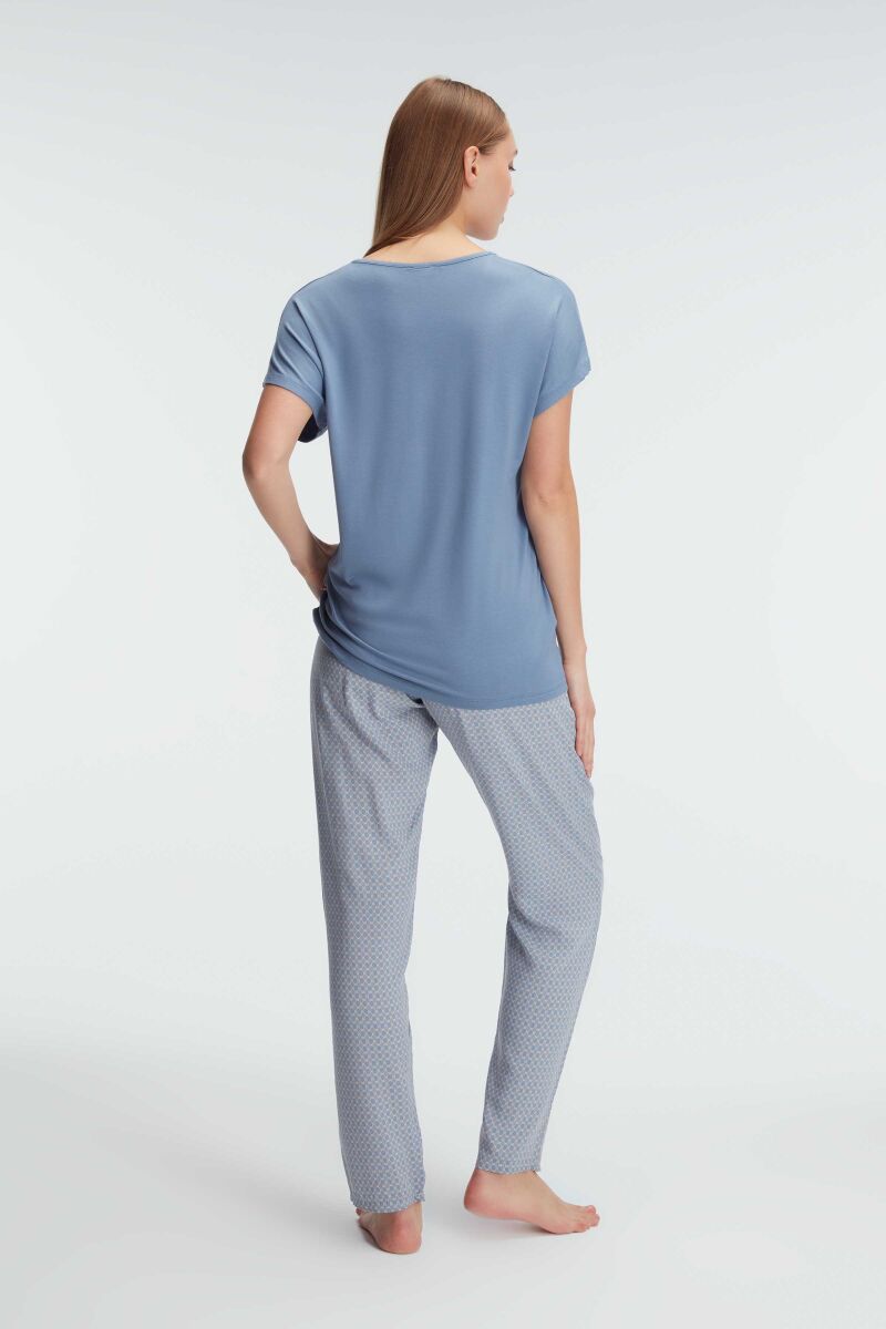 Anıl 9923 Kısa Kol V Yaka Kadın Viskon Geometrik Yazlık Örme Normal Bel Şerit Detaylı Pijama Takımı - 3