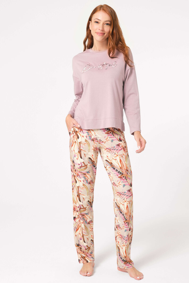 Anıl 9838 Uzun Kol Bisiklet Yaka Modal Çiçek Desenli Kışlık Örme Normal Bel Nakış Detaylı Pijama Takımı - 1