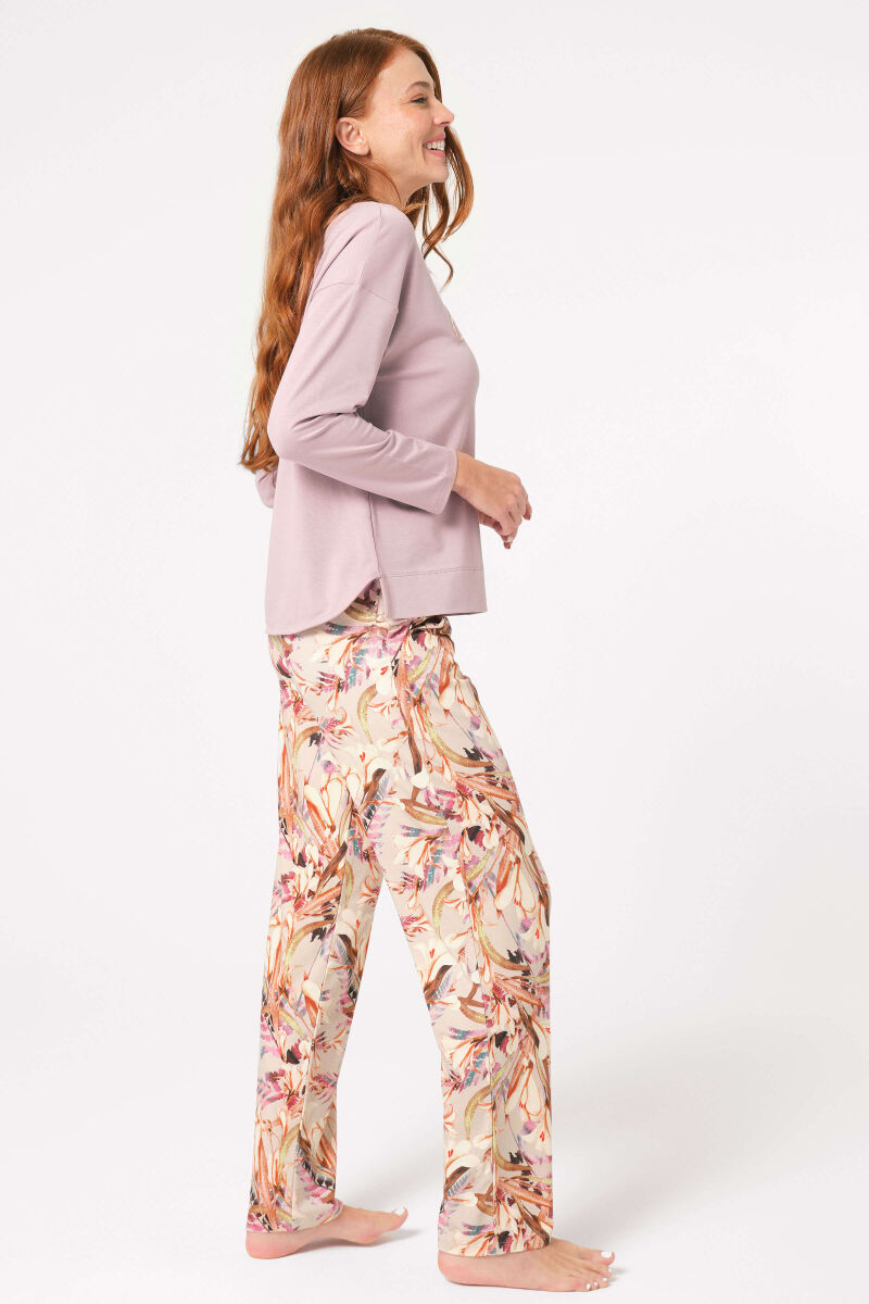 Anıl 9838 Uzun Kol Bisiklet Yaka Modal Çiçek Desenli Kışlık Örme Normal Bel Nakış Detaylı Pijama Takımı - 3
