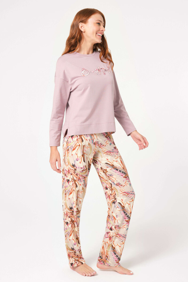 Anıl 9838 Uzun Kol Bisiklet Yaka Modal Çiçek Desenli Kışlık Örme Normal Bel Nakış Detaylı Pijama Takımı - 7