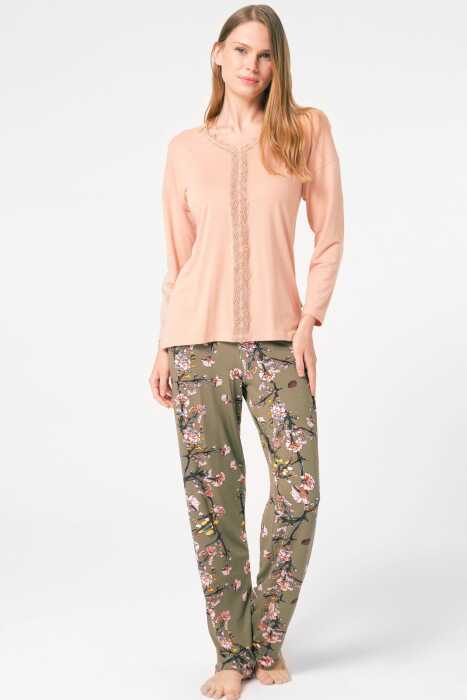 Anıl 9843 Uzun Kol V Yaka Viskon Çiçek Desenli Kışlık Örme Normal Bel Dantel Detaylı Pijama Takımı - 2