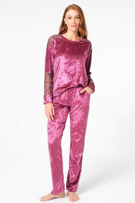 Anıl 9862 Uzun Kol Bisiklet Yaka kadife Jakar Desenli Kışlık Örme Normal Bel Dantel Detaylı Pijama Takımı - 3