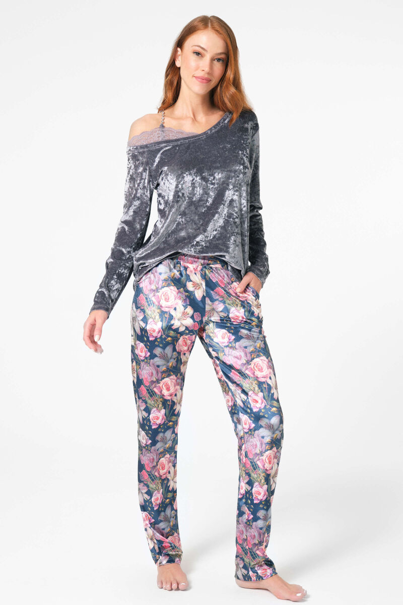 Anıl 9863 Uzun Kol Bisiklet Yaka Polyester Elastan Çiçek Desenli kışlık örme normal bel dantel detaylı Pijama Takımı - 1