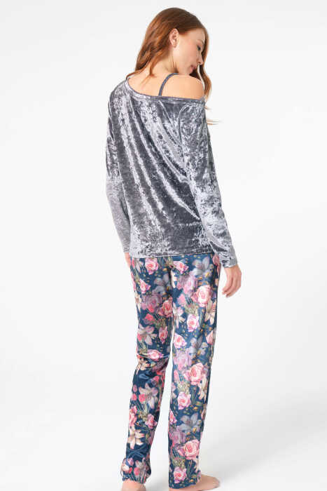 Anıl 9863 Uzun Kol Bisiklet Yaka Polyester Elastan Çiçek Desenli kışlık örme normal bel dantel detaylı Pijama Takımı - 2