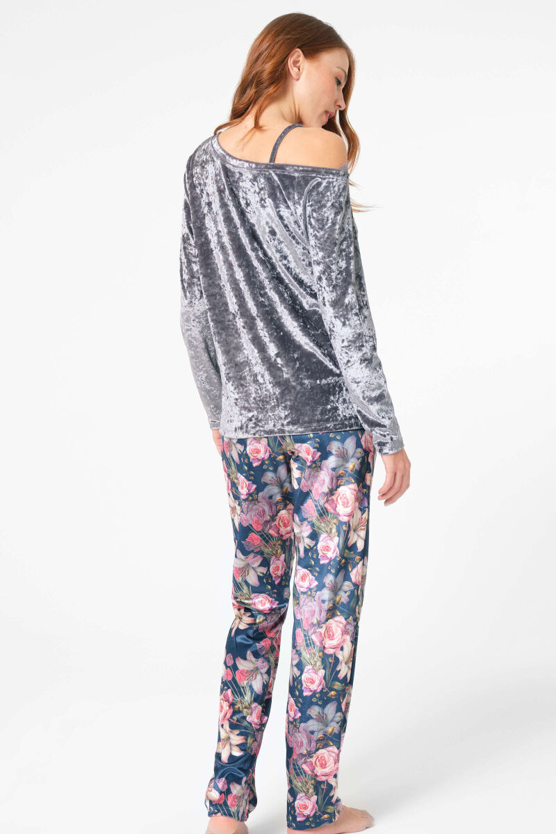 Anıl 9863 Uzun Kol Bisiklet Yaka Polyester Elastan Çiçek Desenli kışlık örme normal bel dantel detaylı Pijama Takımı - 2
