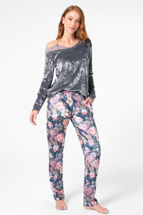 Anıl 9863 Uzun Kol Bisiklet Yaka Polyester Elastan Çiçek Desenli kışlık örme normal bel dantel detaylı Pijama Takımı - 3