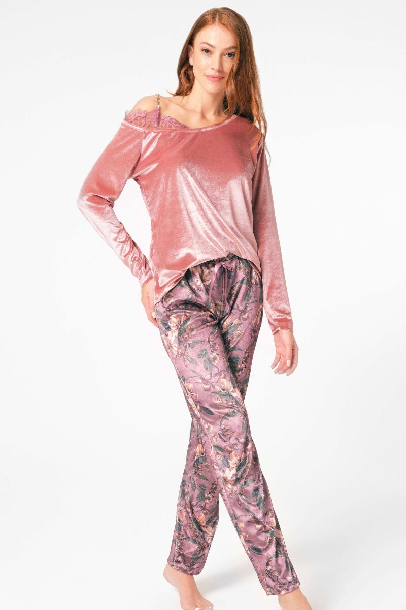 Anıl 9864 Uzun Kol Bisiklet Yaka Polyester Elastan Çiçek Desenli kışlık örme normal bel dantel detaylı Pijama Altı - 1