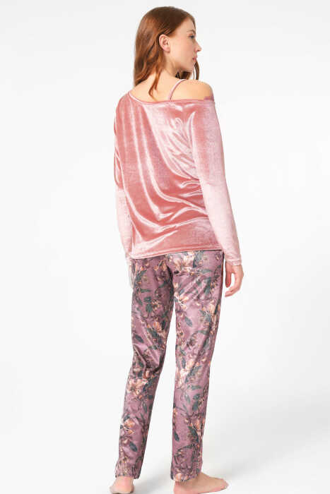 Anıl 9864 Uzun Kol Bisiklet Yaka Polyester Elastan Çiçek Desenli kışlık örme normal bel dantel detaylı Pijama Altı - 4