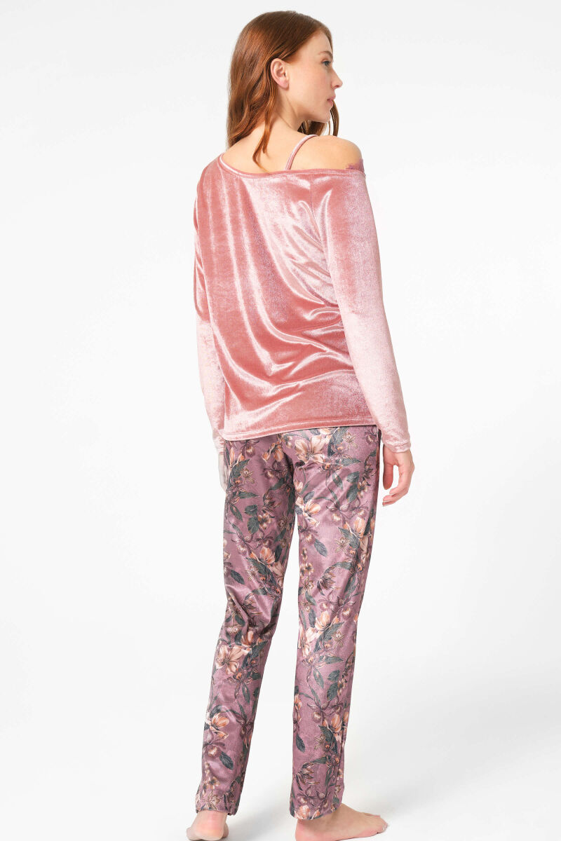 Anıl 9864 Uzun Kol Bisiklet Yaka Polyester Elastan Çiçek Desenli kışlık örme normal bel dantel detaylı Pijama Altı - 4