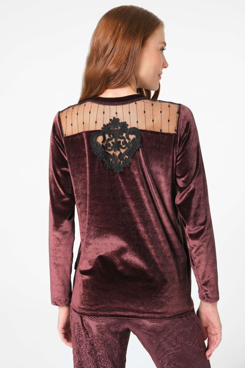 Anıl 9865 Uzun Kol Bisiklet Yaka Kadife Jakar Desenli Kışlık örme normal bel Transparan Tül Detaylı Pijama Takımı - 2