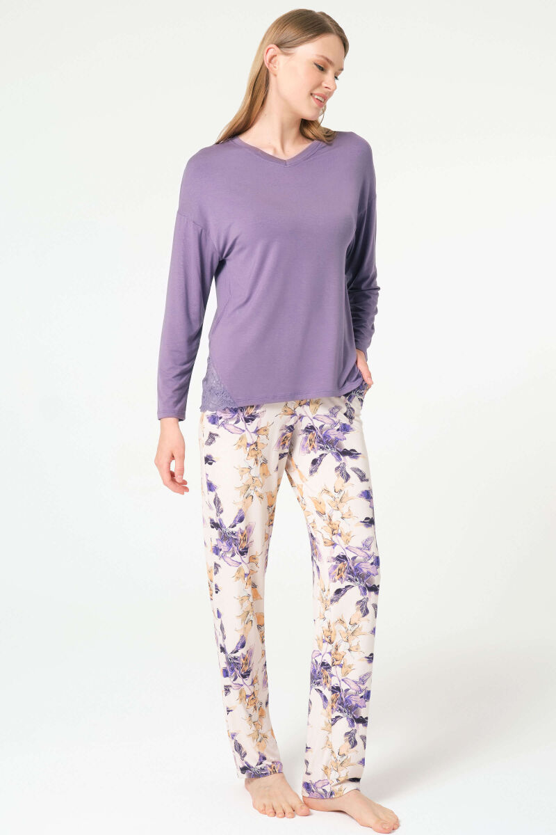 Anıl 9840 Uzun Kol V Yaka Viskon Çiçek Desenli Kışlık Örme Normal Bel Dantel Detaylı Pijama Takımı - 4