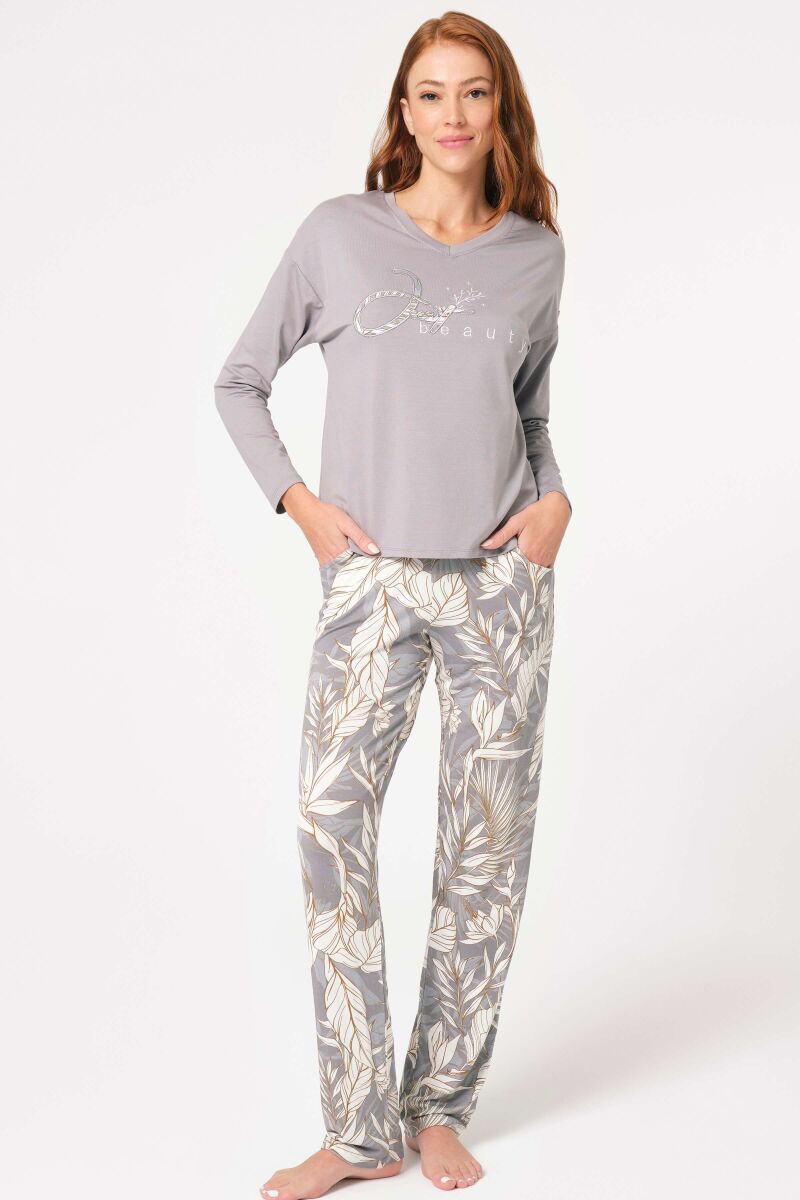 Anıl 9841 Uzun Kol V Yaka Bamboo Çiçek Desenli Kışlık Örme Normal Bel Nakış Detaylı Pijama Altı - 1