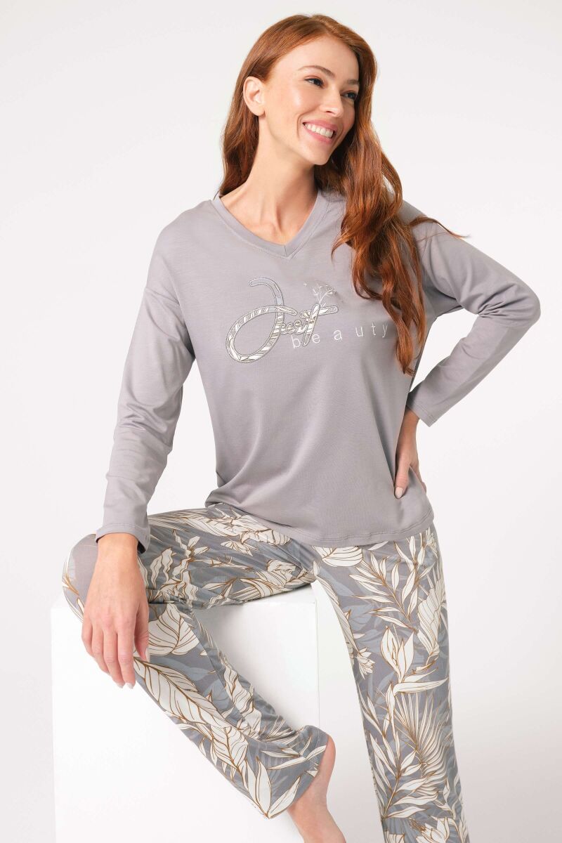 Anıl 9841 Uzun Kol V Yaka Bamboo Çiçek Desenli Kışlık Örme Normal Bel Nakış Detaylı Pijama Altı - 3