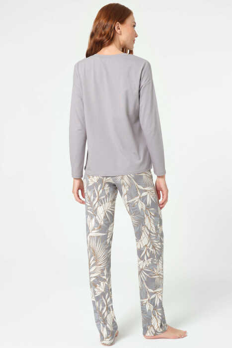 Anıl 9841 Uzun Kol V Yaka Bamboo Çiçek Desenli Kışlık Örme Normal Bel Nakış Detaylı Pijama Altı - 6