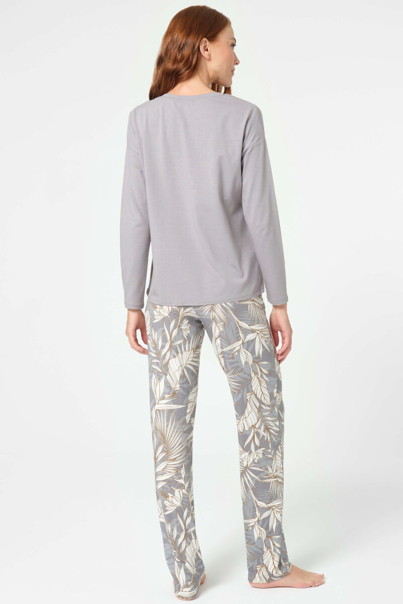 Anıl 9841 Uzun Kol V Yaka Bamboo Çiçek Desenli Kışlık Örme Normal Bel Nakış Detaylı Pijama Altı - 7