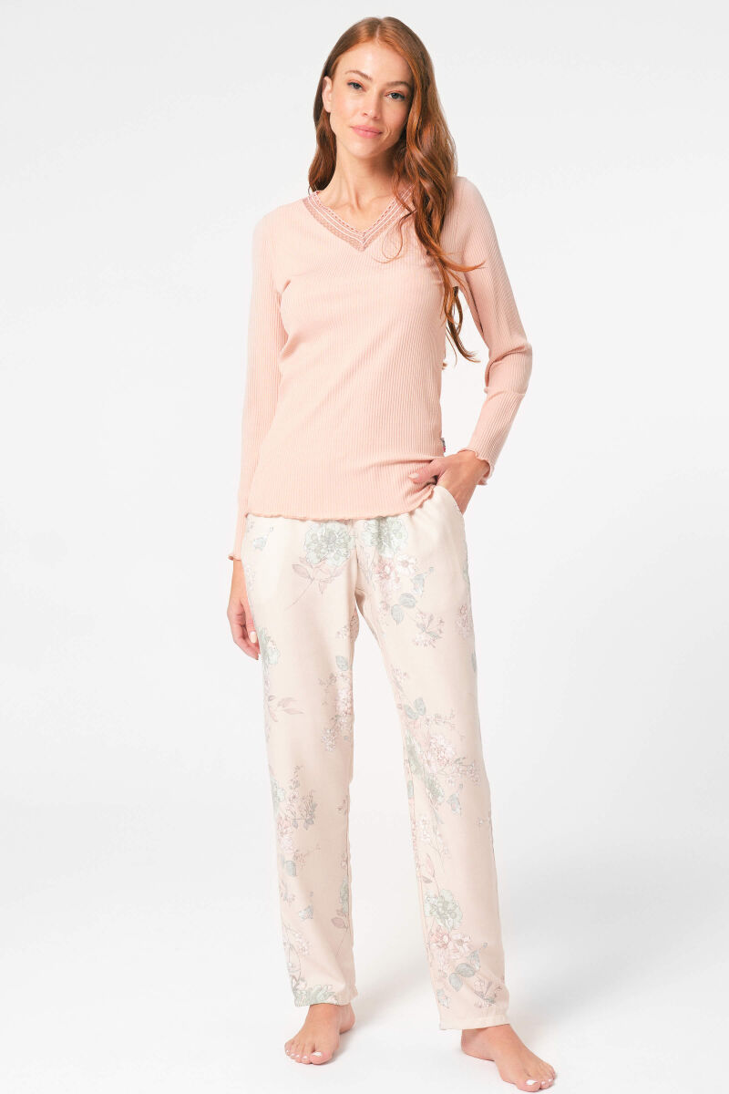 Anıl 9844 Uzun Kol V Yaka Viskon Çiçek Desenli Kışlık Örme Normal Bel Dantel Detaylı Pijama Takımı - 1