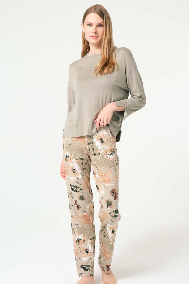 Anıl 9849 Uzun Kol Bisiklet Yaka Viskon Çiçek Desenli Kışlık Örme Normal Bel Pijama Takımı - 2