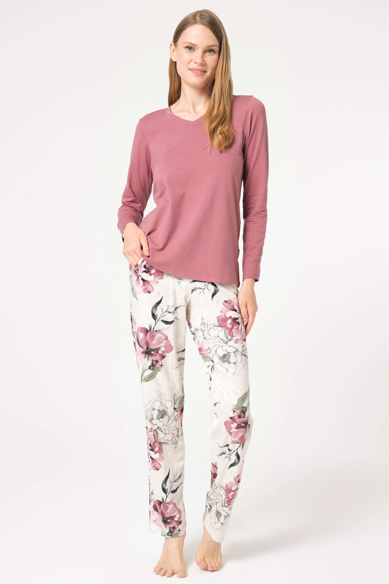 Anıl 9853 Uzun Kol V Yaka Bamboo Çiçek Desenli Kışlık Örme Normal Bel Transparan Tül Detaylı Pijama Takımı - 1