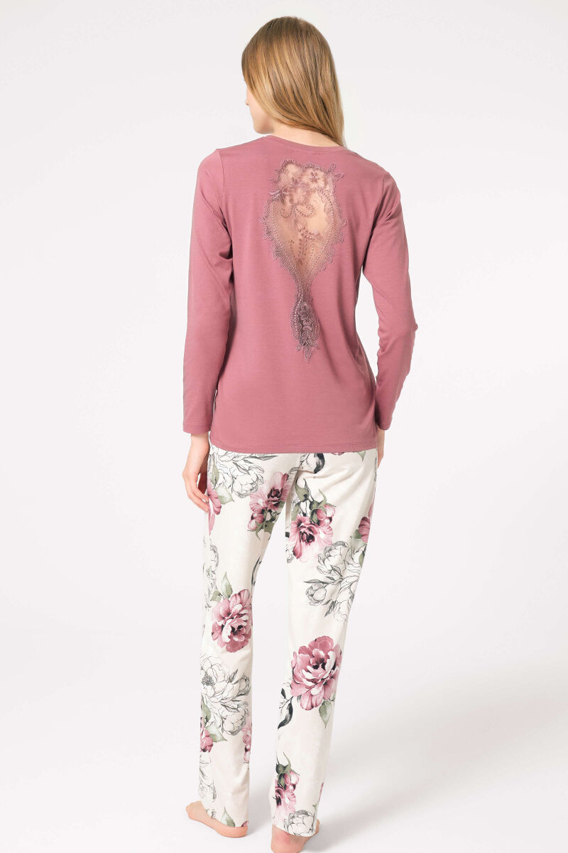 Anıl 9853 Uzun Kol V Yaka Bamboo Çiçek Desenli Kışlık Örme Normal Bel Transparan Tül Detaylı Pijama Takımı - 2