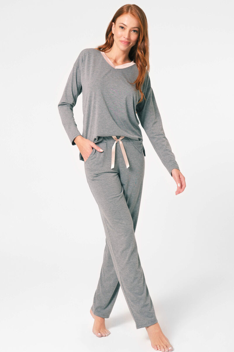 Anıl 9855 Uzun Kol V Yaka Viskon düz Kışlık Örme Normal Bel Dantel Detaylı Pijama Takımı - 1