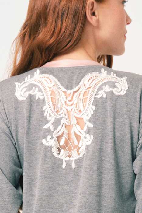 Anıl 9855 Uzun Kol V Yaka Viskon düz Kışlık Örme Normal Bel Dantel Detaylı Pijama Takımı - 4