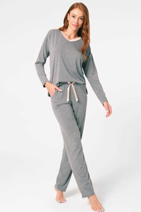 Anıl 9855 Uzun Kol V Yaka Viskon düz Kışlık Örme Normal Bel Dantel Detaylı Pijama Takımı - 6