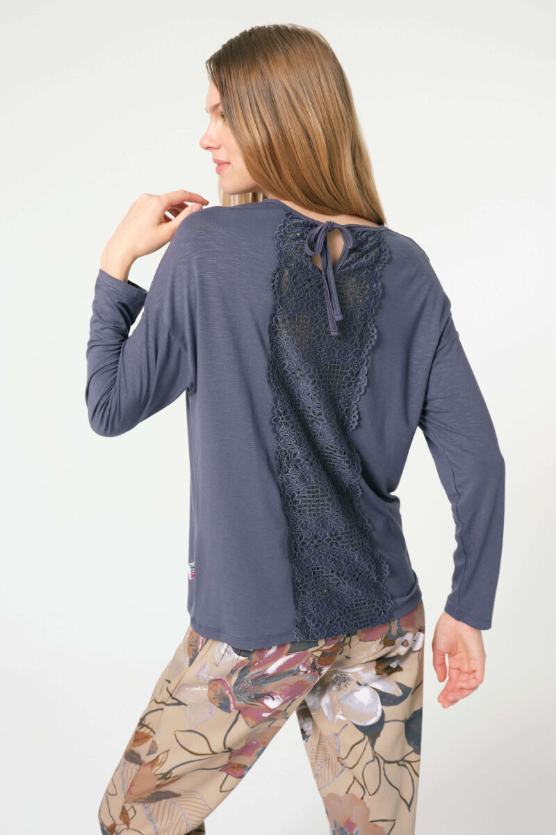 Anıl 9836 Uzun Kol Bisiklet Yaka Viskon Çiçek Desenli Kışlık Örme Normal Bel Dantel Detaylı Pijama Takımı - 2