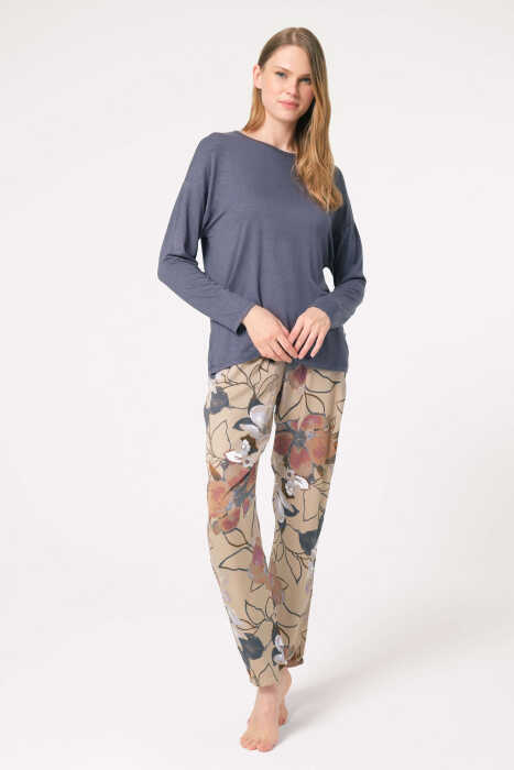 Anıl 9836 Uzun Kol Bisiklet Yaka Viskon Çiçek Desenli Kışlık Örme Normal Bel Dantel Detaylı Pijama Takımı - 3