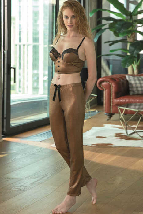 Kadın Balenli Destekli Dolgulu Parlak Baskılı Dantelli Büstiyer ve Pantolon Pijama Takım (4176) - 2