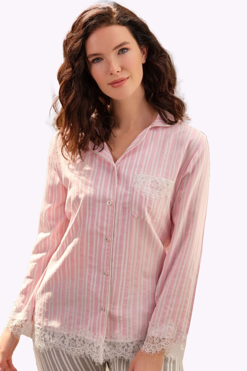 Kadın Dokuma Viskon Çizgili Uzun Kollu Göğüs Cepli Dantelli Gömlek ve Pantolon Pijama Takım (9728) - 2