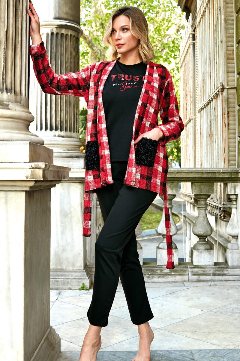 Kadın Ekose Yandan Cepli Sabahlık Göğüs Baskılı Uzun Kollu Sweatshirt ve Pantolon 3'lü Takım (5633) - 1