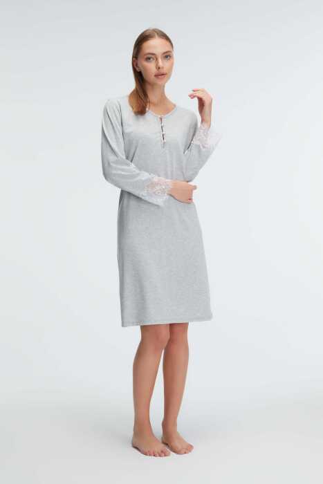 Anıl 11312 Kol V Yaka Kadın Polyester Elastan DÜZ Yazlık Örme Normal Bel Mini Dantel Detaylı Gecelik - 1