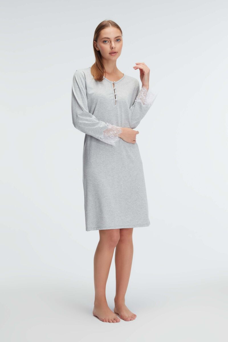 Anıl 11312 Kol V Yaka Kadın Polyester Elastan DÜZ Yazlık Örme Normal Bel Mini Dantel Detaylı Gecelik - 1