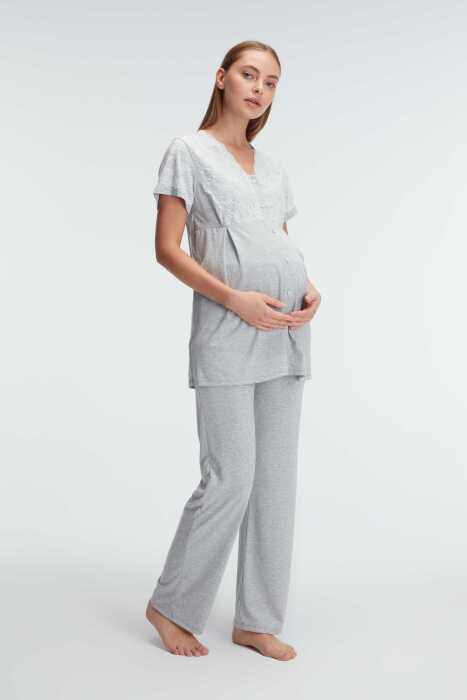 Anıl 11308 Kısa Kol V Yaka Kadın Polyester Elastan Yazlık Örme Dantel Detaylı Hamile Pijama Takımı - 1