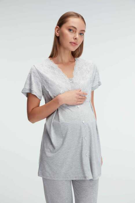 Anıl 11308 Kısa Kol V Yaka Kadın Polyester Elastan Yazlık Örme Dantel Detaylı Hamile Pijama Takımı - 2