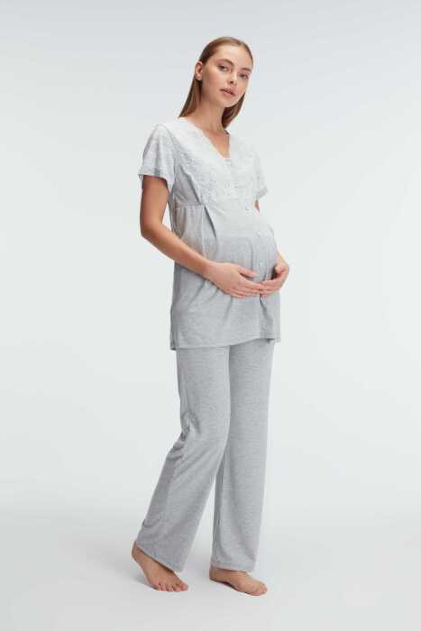 Anıl 11308 Kısa Kol V Yaka Kadın Polyester Elastan Yazlık Örme Dantel Detaylı Hamile Pijama Takımı - 4