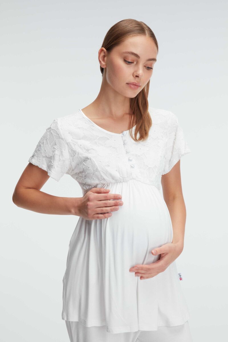 Anıl 11311 Kısa Kol Bisiklet Yaka Kadın Dantel Detaylı Hamile Pijama Takımı Sabahlık - 6