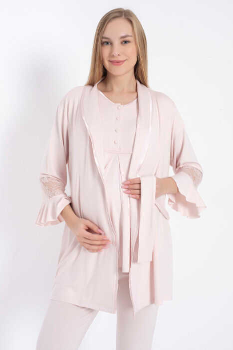 Anıl 11314 Kısa Kol Bisiklet Yaka Kadın Viskon Dantel Detaylı Hamile Pijama Takımı Sabahlık - 3