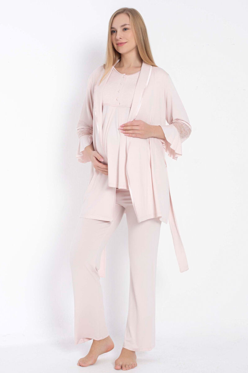 Anıl 11314 Kısa Kol Bisiklet Yaka Kadın Viskon Dantel Detaylı Hamile Pijama Takımı Sabahlık - 4
