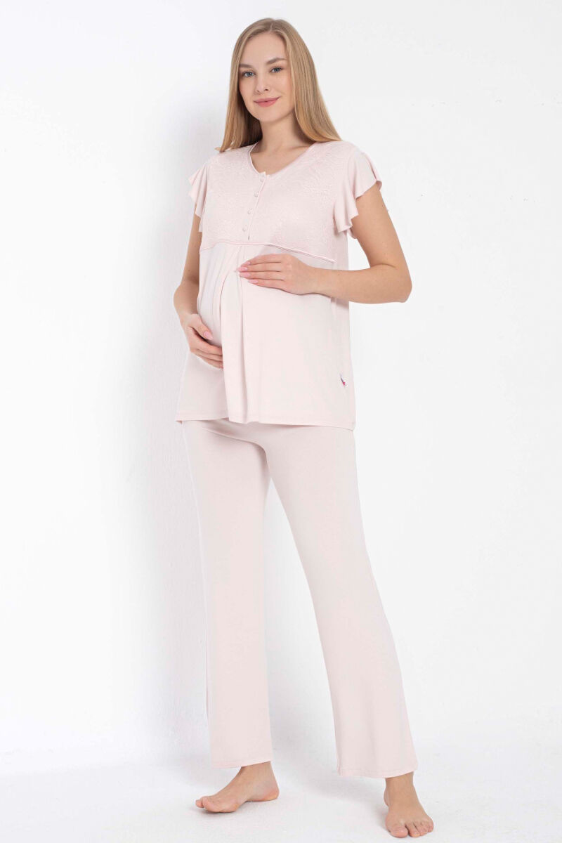 Anıl 11314 Kısa Kol Bisiklet Yaka Kadın Viskon Dantel Detaylı Hamile Pijama Takımı Sabahlık - 6
