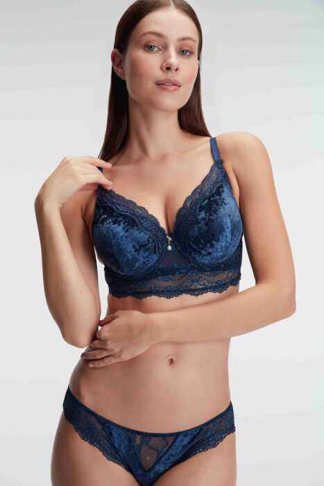Kadın Kadife Balenli Destekli Dolgulu Dantelli Büstiyer Sütyen ve Slip Takım (4805) - 6