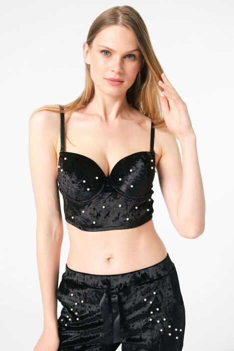 Kadın Kadife Balenli Destekli Dolgulu İnci Taşlı Büstiyer ve Pantolon Pijama Takım (4154) - 2