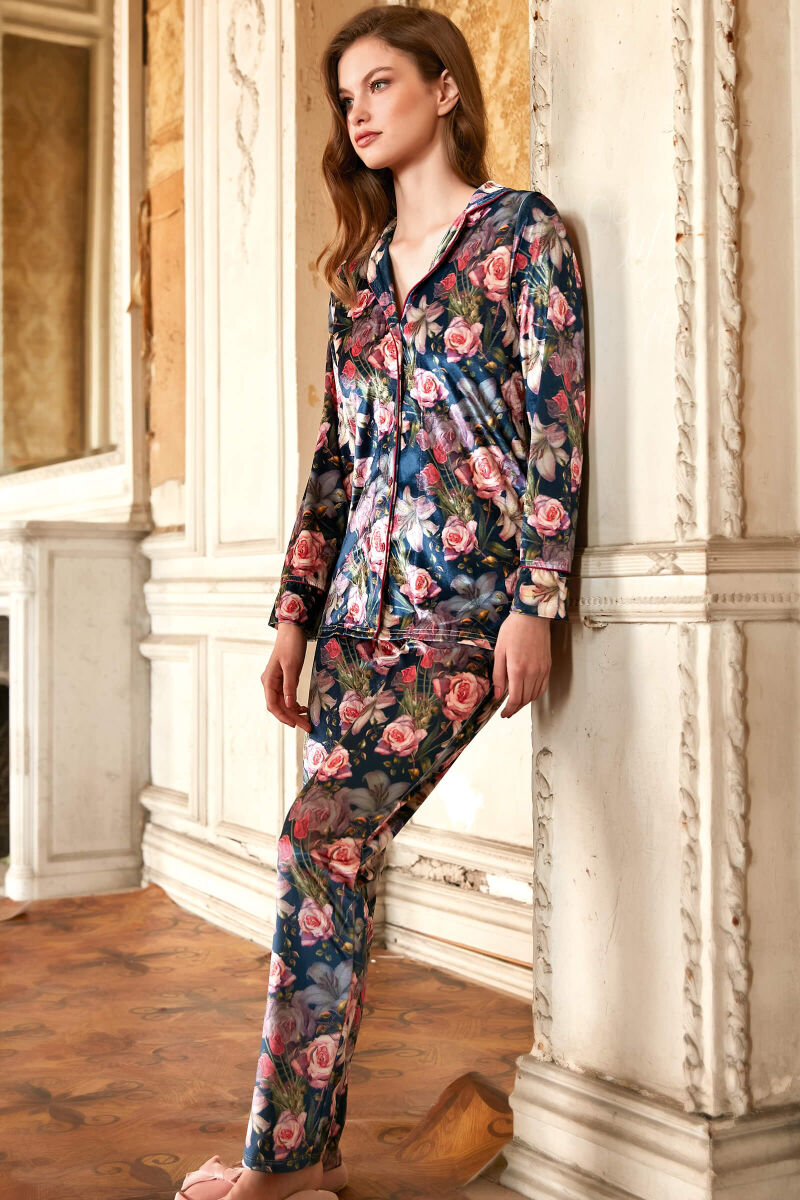 Kadın Kadife Çiçek Baskılı Uzun Kol Gömlek ve Pantolon Pijama Takım (9729) - 1
