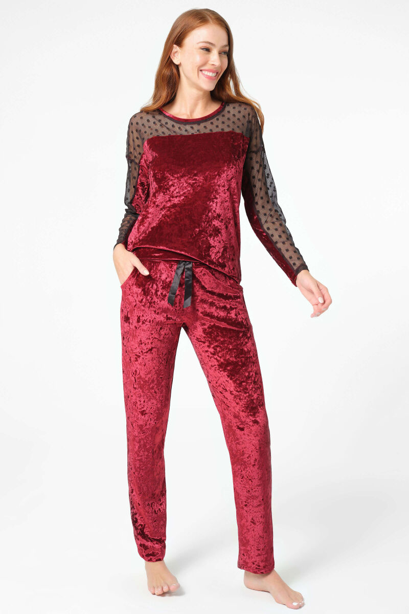 Kadın Kadife Puantiyeli Tüllü Sırt Detaylı Uzun Kollu Sweatshirt ve Yandan Cepli Pantolon Pijama Takım (9798) - 1