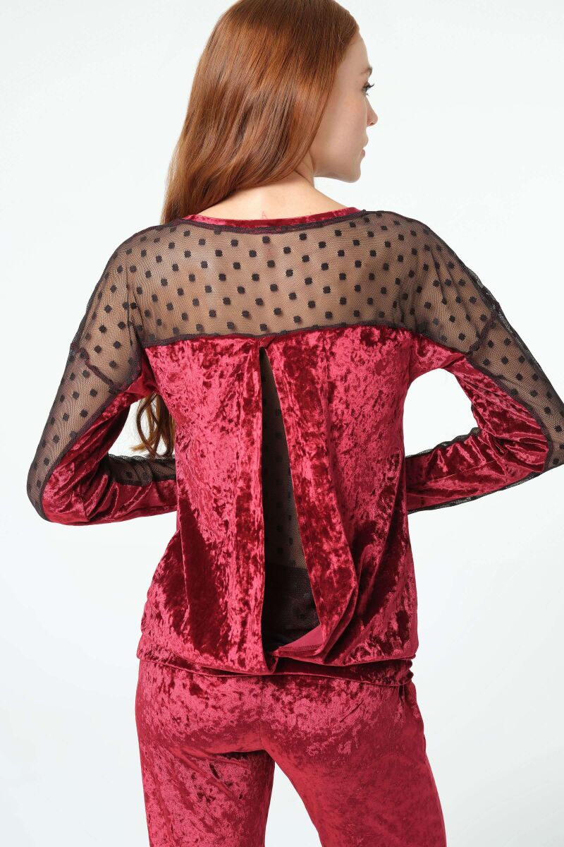 Kadın Kadife Puantiyeli Tüllü Sırt Detaylı Uzun Kollu Sweatshirt ve Yandan Cepli Pantolon Pijama Takım (9798) - 2