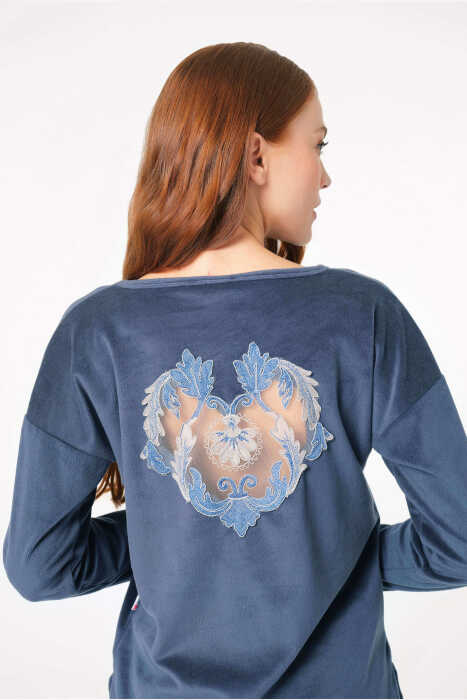 Kadın Kadife Sırt İşlemeli Uzun Kollu Sweatshirt ve Yandan Cepli Pantolon Pijama Takım (9797) - 2