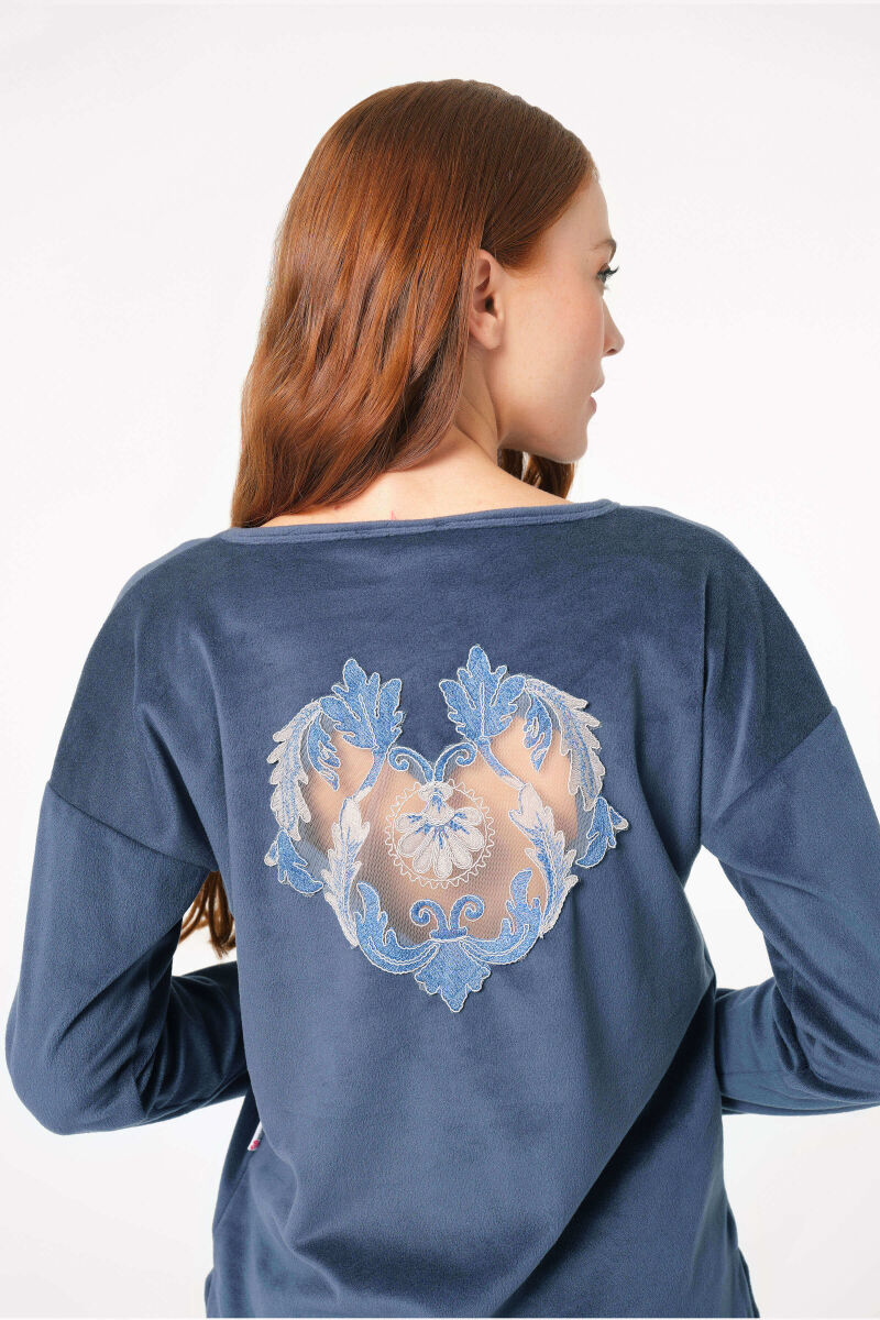Kadın Kadife Sırt İşlemeli Uzun Kollu Sweatshirt ve Yandan Cepli Pantolon Pijama Takım (9797) - 2